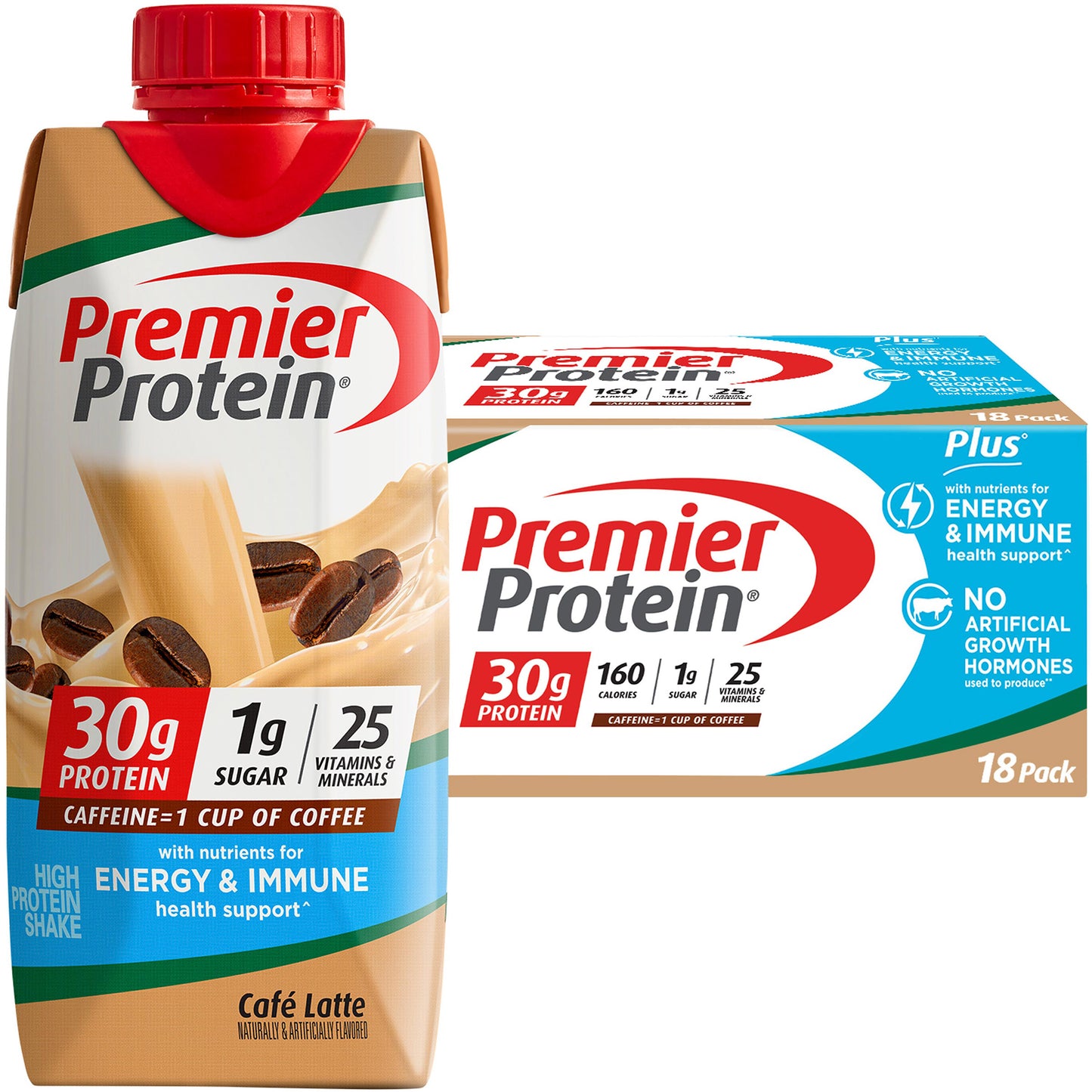 Premier 30g Protein PLUS Energy and Immune Support Shakes, Cafe Latte, 11 fl oz, 18-pack