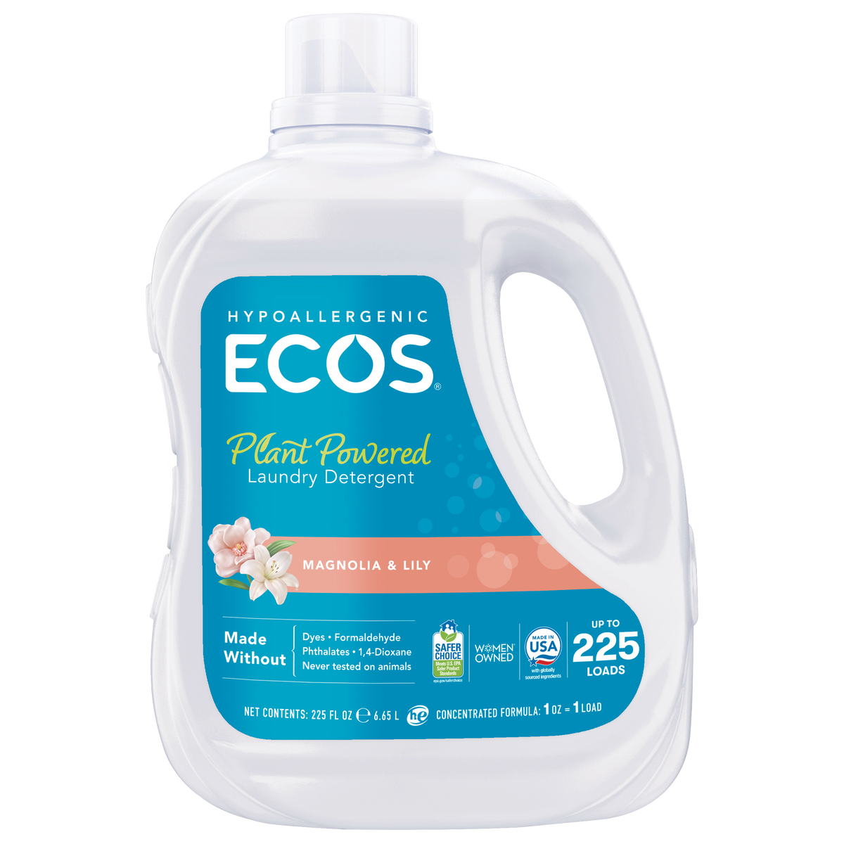 ECOS Liquid Laundry Detergent, Hypoallergenic, HE Compatible, Magnolia and Lily Scent, 225 fl oz