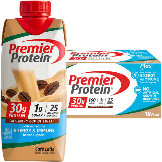 Premier 30g Protein PLUS Energy and Immune Support Shakes, Cafe Latte, 11 fl oz, 18-pack